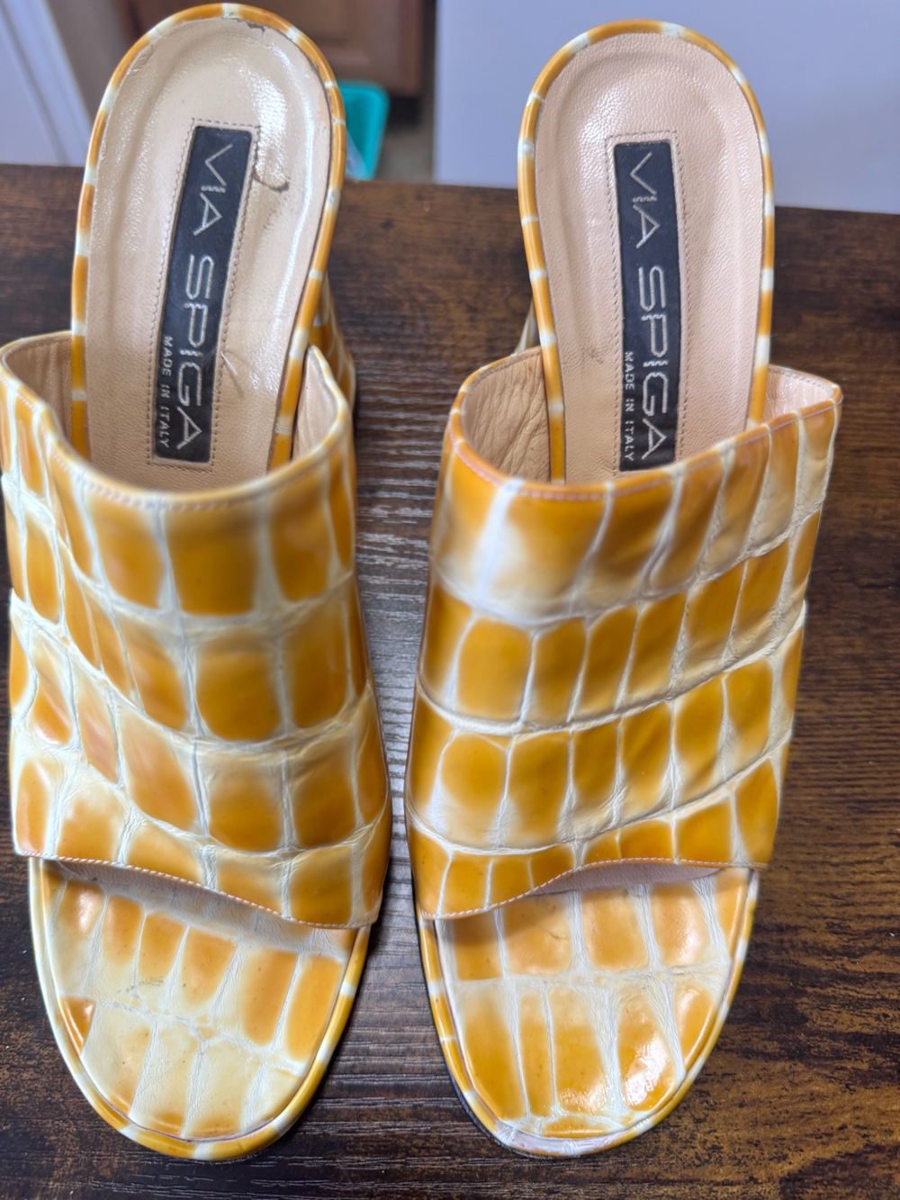 Via Spiga Italy Yellow Croc Embossed Leather Mules Chunky Block Heel Sandals 7 - Picture 11 of 12
